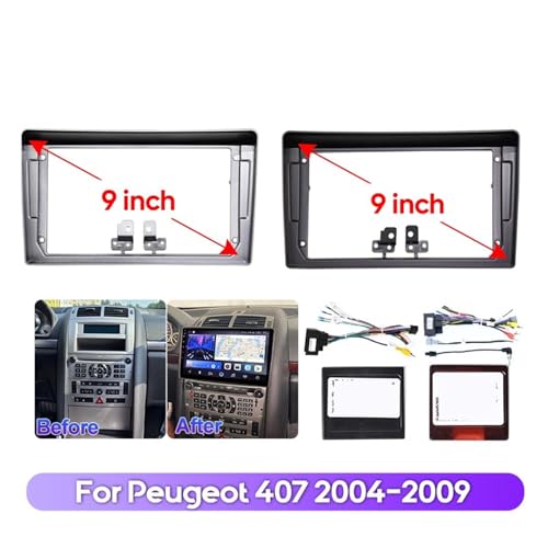 Ramka do radia Rama panelu radia Pasuje do Peugeot 407 2004-2009 2DIN 9-calowa rama radia samochodowego, deska rozdzielcza, GPS, stereo, Android, zestaw montażowy