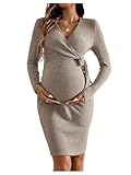 GORGLITTER Women's Maternity Rib Knit Wrap V Neck Dresses Tie Front Long Sleeve Bodycon Pencil Knee Length Dress Apricot Small
