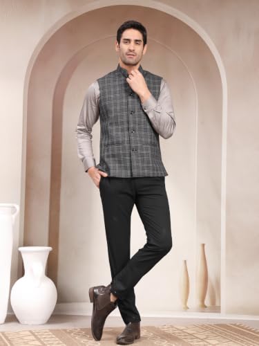 Image of Vastraa Fusion Men's Traditional Woolen Nehru Jacket Modi Waistcoat (VS4423-BLACK CHECK-2-)