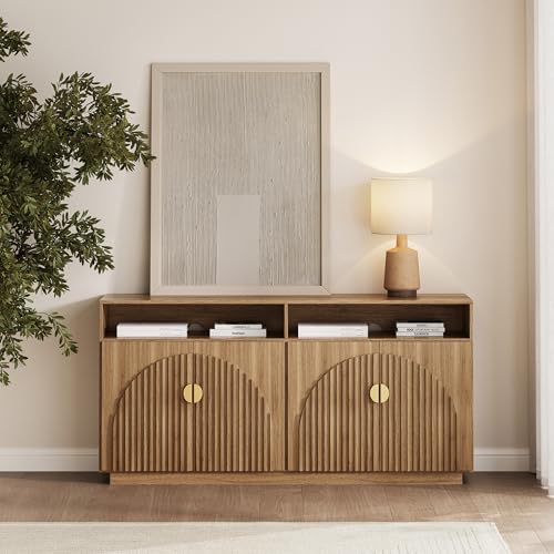Image of BELLEZE 65-inch Fluted Sideboard with Open Shelf, Mid Century Modern Sideboard with Adjustable Shelves & Cable Management, Wooden Accent Cabinet for Dining Room, Living Room - Caramel Brown