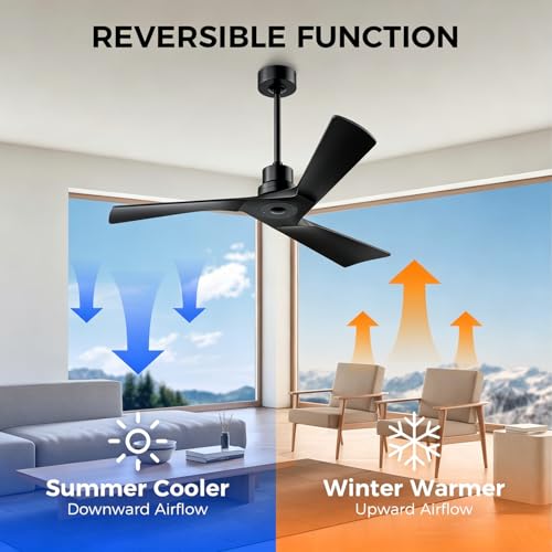 Image of Obabala Ceiling Fan 52 Inch with Remote, Solid Wood Blades DC Motor 5000 CFM Quiet 35dB, Reversible 6 Speed Modern Farmhouse for Bedroom Living Room Indoor Outdoor, No Light with Downrod