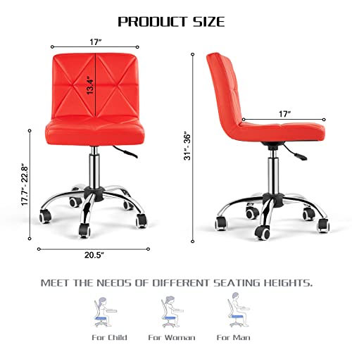 Cosvalve Armless Desk Chair, Low Back Swivel Office Chair, Adjustable Task Chair With Rolling Wheels And Diamond Pattern, For Home Computer Barber, Red #TOP2