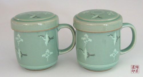 Antique Alive Tabletop 2 Celadon Jade Blue Glaze Crane Bird Cloud Design Personal Green Ceramic Pottery Porcelain Tea Coffee Cup Mug Teacup Lid Gift Set