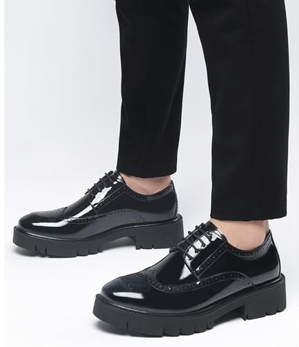 Men Patent Leather Platform Wingtip Oxfords Chunky Heel Round Toe Lug Sole Dress Shoes for Wedding Party3