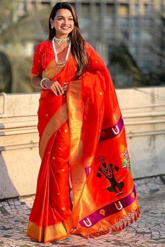 Image of SGF11 Women's Kanjivaram Paithani Silk Saree With Unstitched Blouse Piece