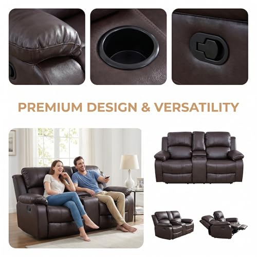Image of Leather Power Recliner Sofa Set, Leather Recliner Couch Sets with Cup Holders, Storage Console, 2 Piece Sectional Sofa with USB Charging Port for Home Theater, Living Room, Office, Brown