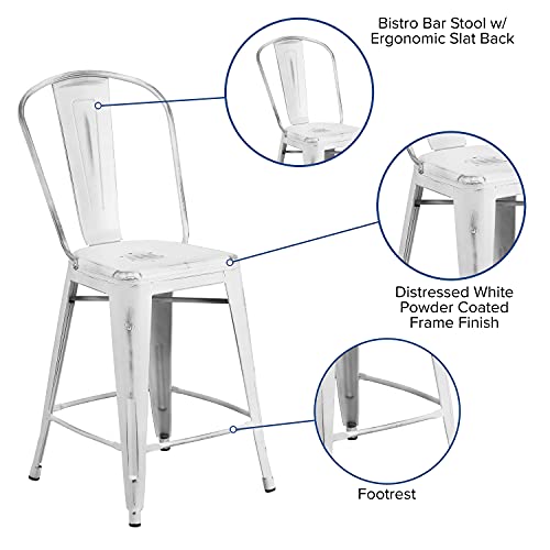 Flash Furniture Blake Commercial Grade 4 Pack 24" High Distressed White Metal Indoor-Outdoor Counter Height Stool With Back #TOP3
