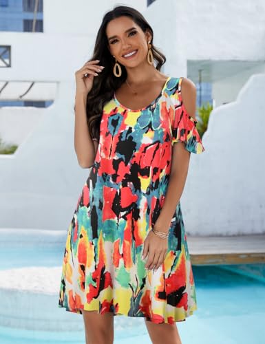 Image of JollieLovin Womens Plus Size Short Sleeve Cold Shoulder V Neck T-Shirt Dress with Pockets