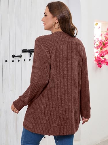 AusLook Plus Size Women Long Sleeve Cardigan Dark Coffe 3X Open Front Button Down Lightweight Casual Sweater Cover Ups Shrugs Shawls and Wraps Kimono Jacket Coat with Pockets — view 2