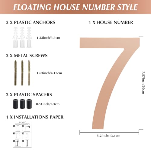 Modern House Numbers for Outside - DEWEL Floating Large 8 Inch Brass Address Numbers for House, Door, Farmhouse, Street - Both Floating & Flush Styles - House Number 7