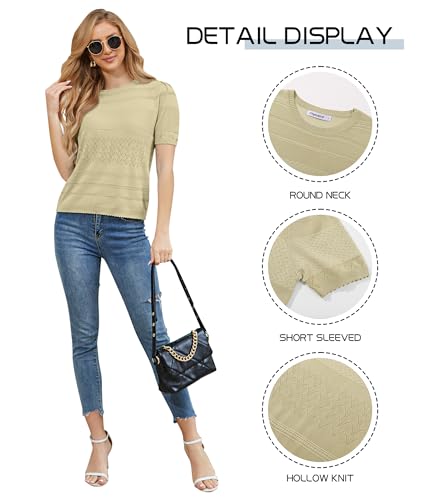 Image of 2024 Summer Women's Short Sleeve Kint Top Crew Neck Casual Ribbed Sweater Loose Textured Pullover Sweaters Tops