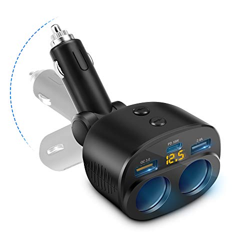 2-Socket Cigarette Lighter Splitter Dual USB Ports QC 3.0 Fast Car Charger Adapter with 18W PD Type C Port 120W 12V/24V Multi Power Outlet On/Off Switches LED Voltage for Phone Pad Samsung GPS.