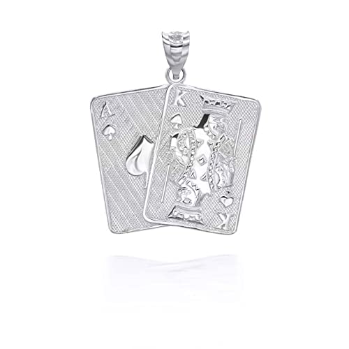 Men's 10K White Gold Lucky Spade Ace and King Card King of Spades Poker Card Pendant Necklace