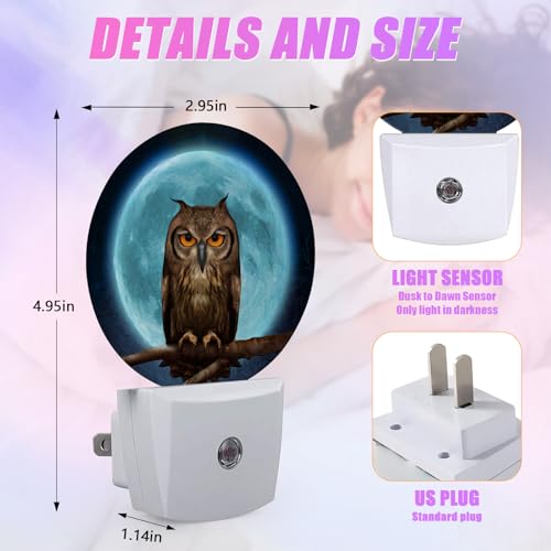 Image of Owl Moon Night Light LED Lamp Round Plug into Wall Nightlight with Dusk to Dawn Sensor Home Hallway Stairway Kitchen Decor