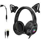 Black Gaming Headset Katzenohren mit Mikrofon, Abnehmbarer Cat Ear Kopfhörer für PS4, Xbox One, PC, Smartphone, HiFi 7.1 Stereo Noise Cancelling Headset mit 3,5 mm Adapterkabel
