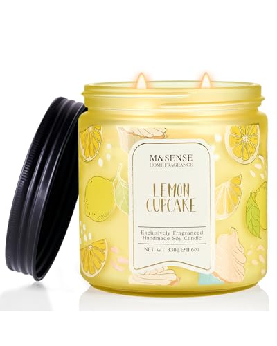 M&SENSE Lemon Vanilla Cupcake Scented Candle 11.6oz Natural Soy Wax 70 Hours Long Lasting Clean Burn Citrus Vanilla Scents for Kitchen Freshness Candle Gifts for Women Men Warm Home Decor