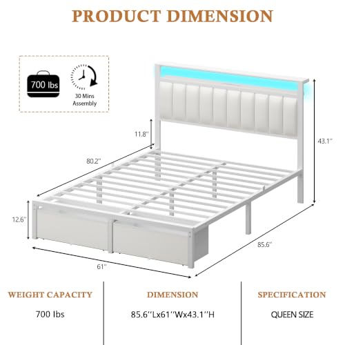 Image of Furnulem White Queen Bed Frame with PU Upholstered Headboard & 2 Drawers
