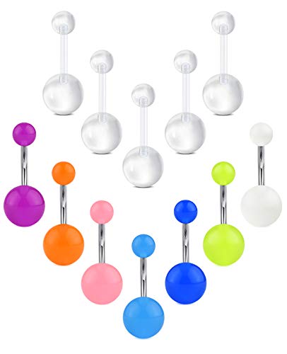 Rajnard Piercing Ombligo Acero Inoxidable 14G 10mm con Bola Clara Bola Luminosa Anillo del Ombligo Joyería del Cuerpo del Vientre para Mujer y niña, 12 Piezas Cover
