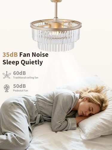 Image of 20 inch Gold Crystal Fandelier Ceiling Fans with Lights, Caged Gold Crystal Chandelier Ceiling Fan with Light Remote Control with 6 Speeds for Bedroom, Nursery, Living Room
