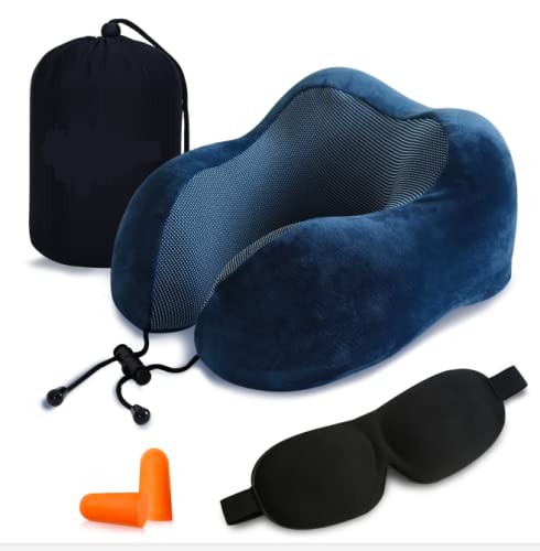 look envy Almohada Viaje Viscoelastica Cervical Reposacabezas Coche Cojin Cervical Viaje, Travel Pillow Neck Support,Viajando con máscara de Ojos y Bolsa Viaje, Tapones para los oídos (Azul)