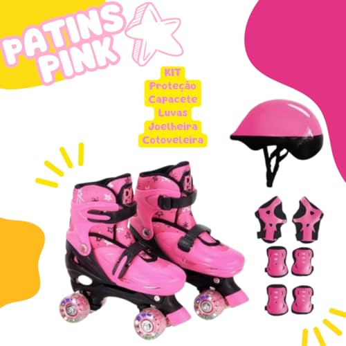 Patins 4 Rodas Ajustáveis com Kit de Proteção Resistente, DM Toys (Rosa, M - 34 a 37)
