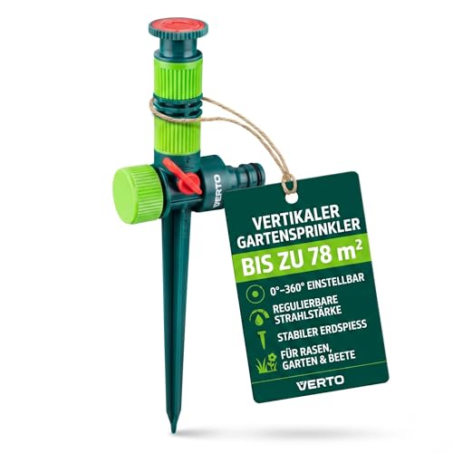 VERTO Rasensprenger 360° Bewässerungssystem - Sprinkler Impulsregner bis 78 m2 | Vertikalsprinkler mit Regulierbare Strahlkraft, Erdspieß - Grün Gartensprinkler