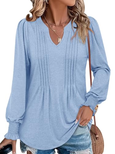 BETTE BOUTIK Long Sleeve Shirts for Women Fall Tops Dressy Blouses Pleated V Neck Tunic Tops for Leggings S-3XL