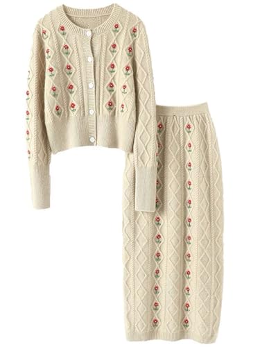 CHARTOU Women Fall Winter 2 Pieces Outfits Embroidery Crop Tops Bodycon Long Cardigan Sweater Skirt Sets
