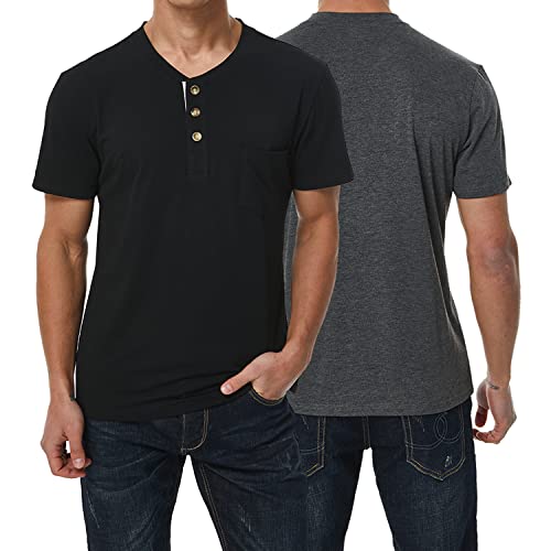 Zengvee 2 Pack Button Down Henley Shirts For Men Short Sleeve, Casual Mens Waffle Vintage T Shirts Pack Loose Fit Collarless Plain Hawaiian Summer Clothes (Kw Us 0906 Khaki+Dark Grey L) #TOP1