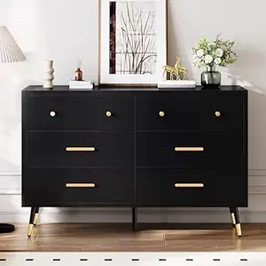 DWVO 6 Drawer Dresser, 47.2" Wide Black Wooden Drawers Storage Dresser with Golden Metal Handle & Anti-Tipping Device, Modern Double Chest of Drawers for Bedroom,Hallway, Entryway, Living Room