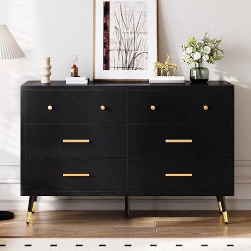 DWVO 6 Drawer Dresser, 47.2" Wide Black Wooden Drawers Storage Dresser with Golden Metal Handle & Anti-Tipping Device, Modern Double Chest of Drawers for Bedroom,Hallway, Entryway, Living Room