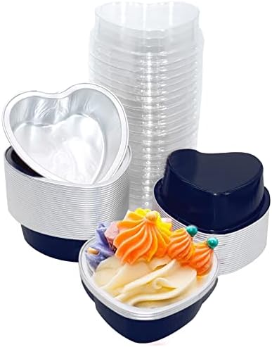 LETSKAB 3.4oz Baking Cups With Lids Aluminum Foil Muffin Liners Cupcake Disposable Muffin Tins Cupcake Mini Aluminium Foil Baking Cups for Catering Gathering Club Wedding Party (Blue, 50 Sets)