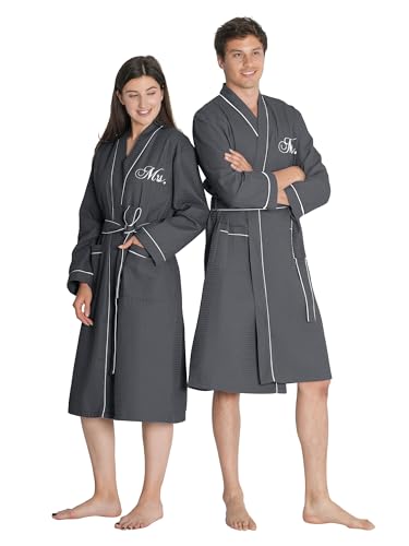 AW BRIDAL Engagement Gifts for Couples 2026 Anniversary Mr and Mrs Waffle Knit Robe Sets of 2 for Wedding Bridal Shower Monogrammed Gray His and Her Robes for Home Bathroom and Honeymoom Spa