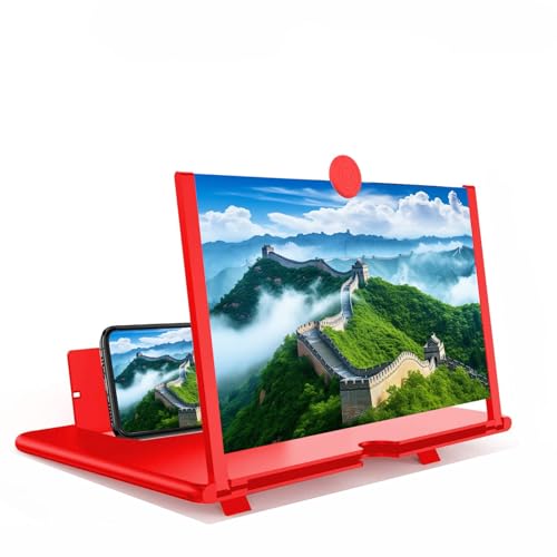 12" Phone Screen Magnifier, 3D HD Screen Amplifier Projector with Foldable Stand, Phone Screen Magnifier for Watching Movies, Videos, Games and Reading, Compatible with All Phones (Red)