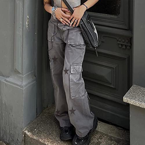 Women Vintage Punk Print Pants Casual Bell Bottom Hip Hop Jeans Loose High Waist Pocket Jeans3