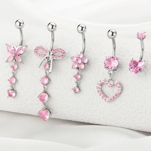 Belly Button Ring Dangle Navel Belly Piercing Jewelry Cute Pink CZ Heart Butterfly Bow Flower Navel Belly Rings for Women 14G Silver Stainless Steel Dainty Dangly Dangling Belly Button Piercing2