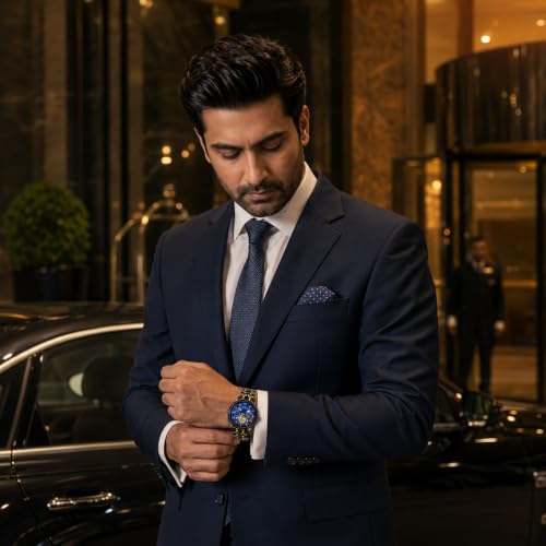 Image of Watch for men,Men's skeletonized quartz watch with black and gold two-tone stainless steel case, analog display, date display, water-resistant, luminous display, men's waterproof quartz watch. (Blue dial, black strap)