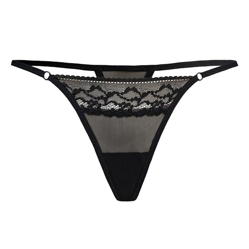 Teyli Damen Tanga String aus Spitze mit Streifen - String Tanga Damen String - String Tanga Dessous - Strings Schwarz S/M