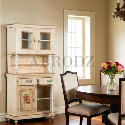Image of APRODZ Wooden Handpainted Crockery Display Sideboard Storage Cabinet for Home (Cream & Natural Finish)