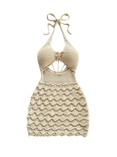Image of GORGLITTER Women's Vacation Outfit Crochet Halter Knit Bubble Mini Dress Sexy Beach Cruise Summer Miami Resort Outfits Apricot Starfish X-Small