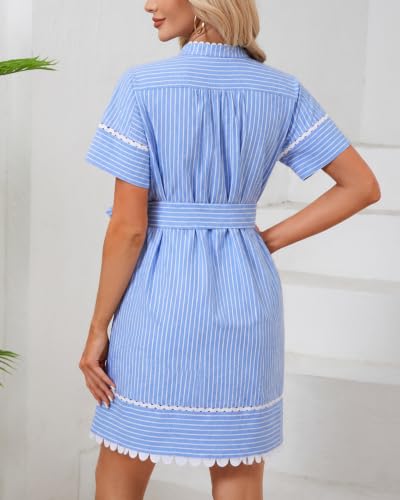 Image of Women's Summer Shirt Dress Short Sleeve Button Down Mini Tie Waist Belted Tunic with Pockets RIC Rac Trim