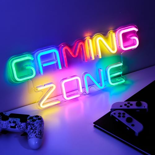 NELUX Neon LED Gaming Room Deko Schild Gaming Zone, Neon Gamer Sign Wand Zimmer Lampe, Gaming Beleuchtung Setup Licht Light, Neonschild Wall Schilder Wanddeko. USB-Verbindung mit Dimmer.