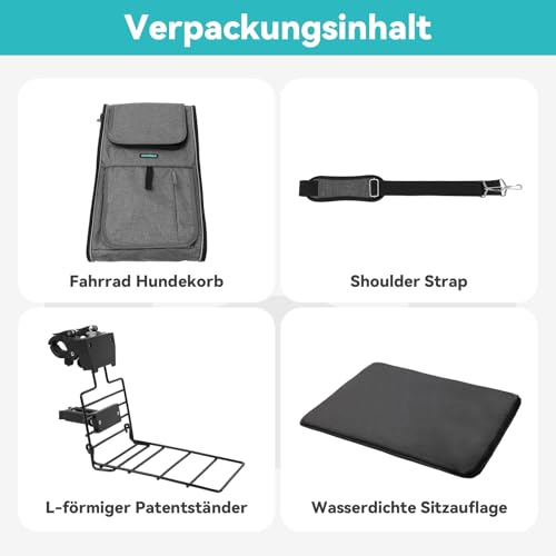 DAISTERN Hundekorb Fahrrad Vorne bis 10KG, Faltbarer Atmungsaktiver Hundefahrradkorb 4 in 1 Rucksack Schultertasche Autositz mit Robuste L-förmige Halterung Φ55mm, Bequemes Kissen, Reflektorstreifen