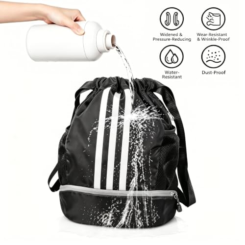 Image of Soccer Bag, Youth Drawstring Backpack for Volleyball Basketball Sports | with 1 Shoes Compartment 1 Wet&Dry Pocket 2 Side Mesh Pockets 2 Zipper Pockets Bag for Gym Training Swimming Back to School
