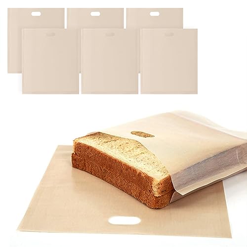 Reusable Nonstick Toaster Bags 6 Pack - BPA Free Toastie Bags for Toaster Microwave & Grill - Easy to Open and Clean (16X16.5CM)