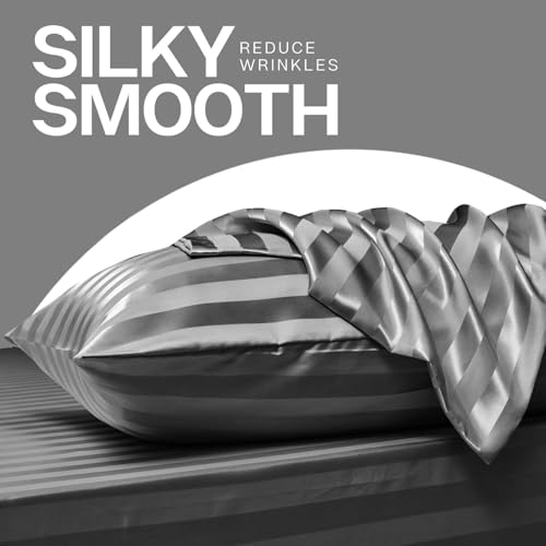 Image of MR&HM Satin Pillowcase for Hair and Skin, Silk Satin Pillowcase 2 Pack, King Size Pillow Cases Set of 2, Silky Pillow Cover with Envelope Closure (20x36, Dark Grey Striped)