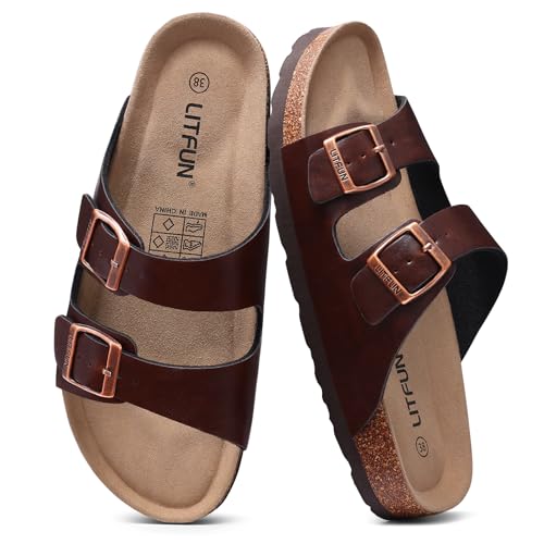 Image of Litfun Unisex Cork Footbed Sandal Summer Slip On Slide Sandals with Adjustable Buckle for Women Men