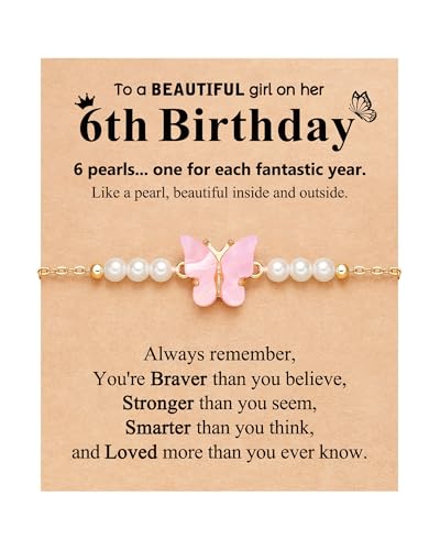 Happy 6/8/10 Year Old Birthday Gifts for Girls, Butterfly Pearl Bracelet for Daughter Niece Granddaughter