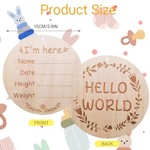 5.9 Inch Wooden Hello, World Baby Signs, Hangable Baby Announcement Sign, Baby Name Signs for Hospital Records, Nursery Decor, Birth Information Memorials, Baby Shooting Props - Image 3
