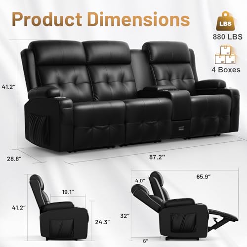 Image of Loveseat Recliner Sofa, Home Theater Seating with Massage, 3 Seat Reclining Loveseats with Console, Wall Hugger RV Couch Movie Theater Chairs, RV Furniture Sofas with USB, Cup Holders for Gaming Room